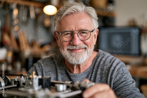 Senior man smiling in workshop hobby artisan craft portrait lifestyle