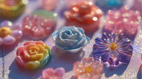 Colorful glossy resin flower cabochons with bokeh light effect