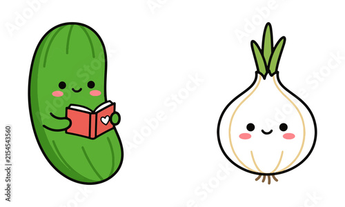 Cute Kawaii Cucumber Reading Book and Garlic Bulb Mascots Healthy Vegetables Vector Illustration