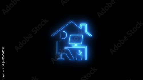 Neon work from home animation, remote office concept, digital nomad symbol remote work neon sign glowing digital nomad