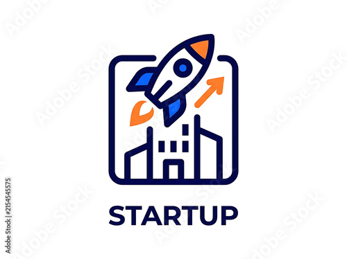Foto Minimalist startup rocket icon inside square with building graphic, business