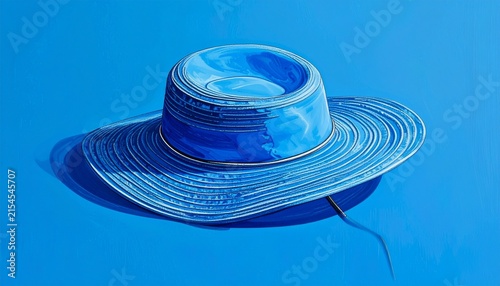 Blue Straw Hat Isolated on Solid Blue Background.