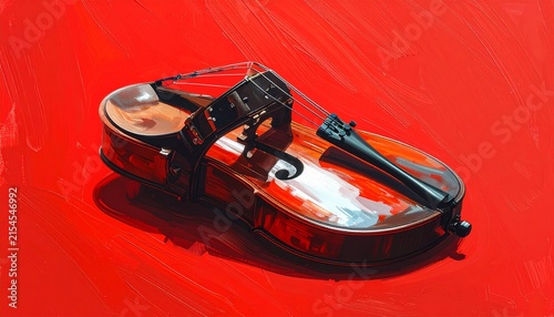 Broken violin resting on red background surface.