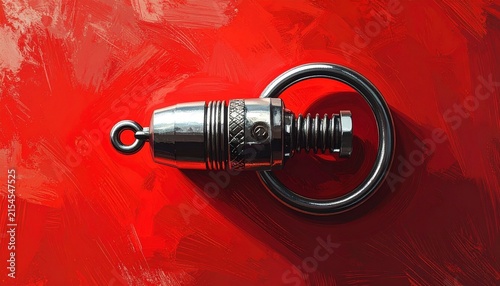 Metallic Keychain with Spark Plug Design on Red Surface.