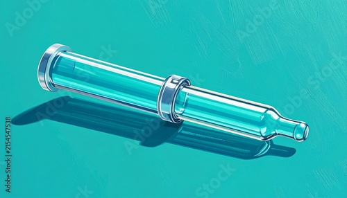 Clear Glass Syringe with Metal Plunger on Turquoise Background.