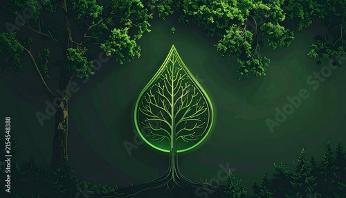 Glowing Green Leaf Icon in Forest Background.