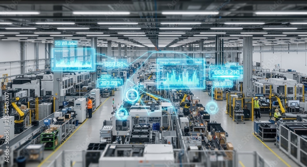 Fototapeta premium Overhead view of factory floor with augmented reality display projecting energy usage data in real time.