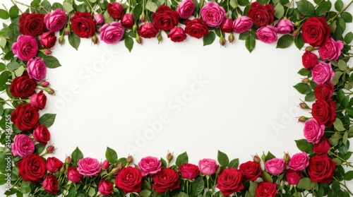 Deep Pink Rose Floral Frame With Rich Green Foliage and White Center