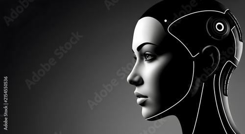 Profile view of an artificial intelligence humanoid robot head with glowing lines on a dark background.