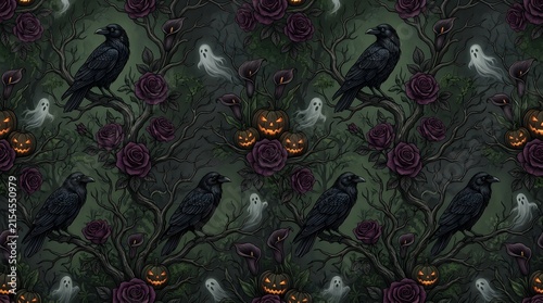 Seamless halloween pattern with dark purple roses, black crows, glowing jackolanterns, and ghosts on a dark moody background