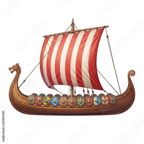 A wooden Viking longship featuring a dragon figurehead, a striped sail, and colorful decorative shields