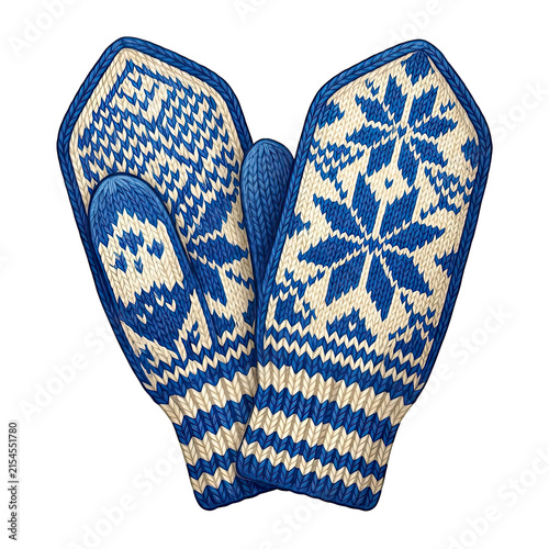 Traditional blue and white knitted Norwegian Selbu mittens isolated on a white background