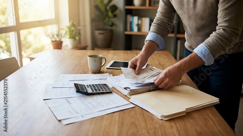 Person Organizing Personal Financial Documents and Budget Papers at Home Office