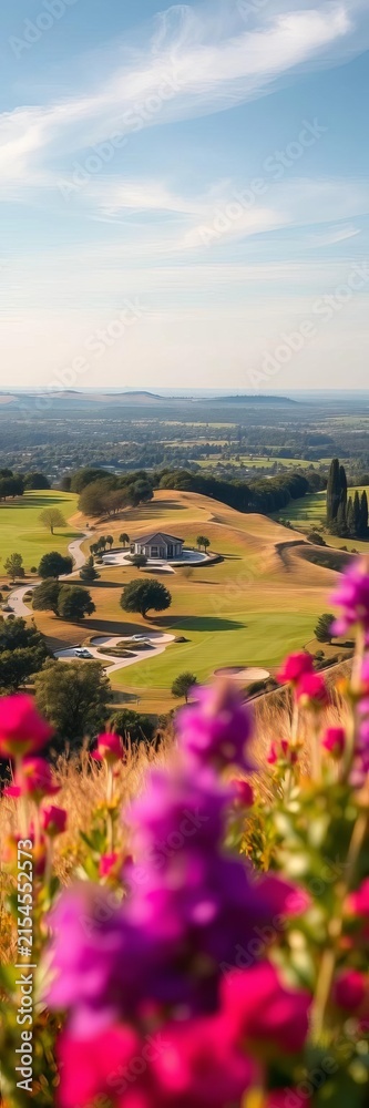 Fototapeta premium Panoramic view of golf estate from a hillside, hillside, linkslykia