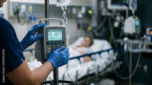 Nurse adjusts infusion pump for patient in hospital bed with medical equipment