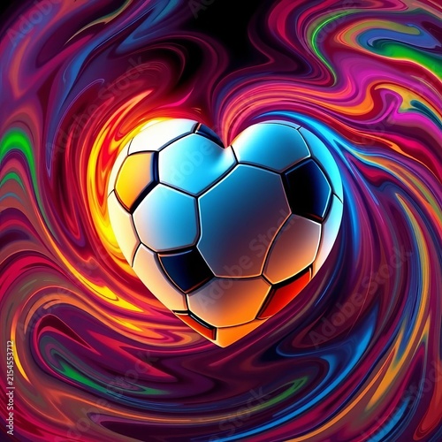Football-shaped heart surrounded by swirling colors, bright, playful