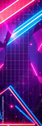 Digital grid glows with futuristic neon lights amidst geometric shapes, visual, effects