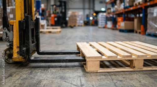 Yellow forklift lifting an empty wooden pallet in a large warehouse.