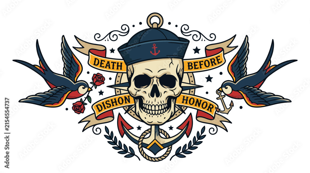 Fototapeta premium Sailor Skull with Swallows, Anchor, Rose, and Banner - Tattoo Art