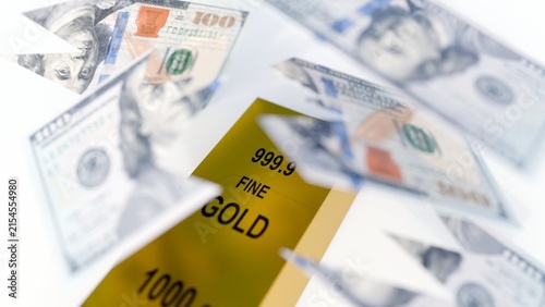 фотографія A 3d torn US dollar bills floating around a gold bullion bar, metaphor for inflation, fiat currency vulnerability, and the enduring security of physical gold investments