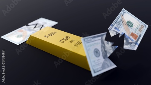 Quadro su tela A 3d torn US dollar bills floating around a gold bullion bar, metaphor for inflation, fiat currency vulnerability, and the enduring security of physical gold investments
