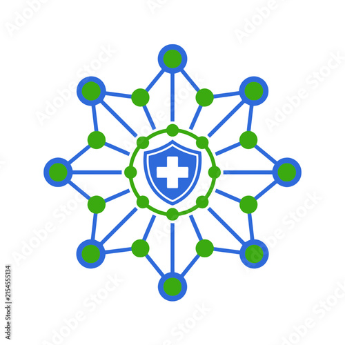 A digital graphic showing a medical shield with network nodes