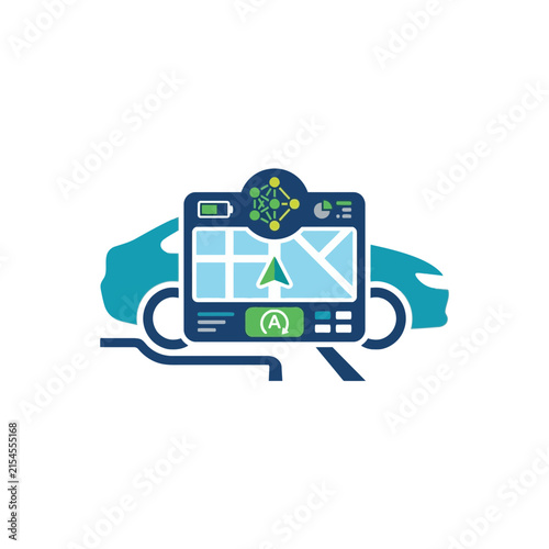 A digital graphic showing a modern vehicle navigation system interface