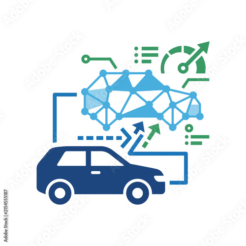 A digital graphic showing a modern vehicle and data analysis