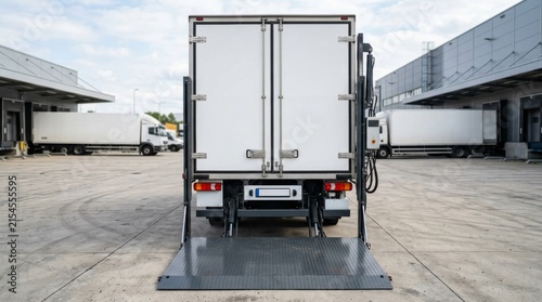 Delivery truck with lowered hydraulic tail lift at loading dock.