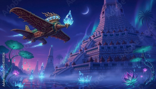 Fantasy temple with flying vessel and glowing crystals at night