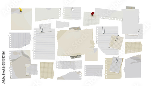 Realistic Torn Paper Sheets Collection with Ripped Notebook Pages Binder Clips Kraft Paper Scraps and Sticky Notes for Scrap booking Mood boards