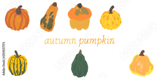 Hand-drawn cute autumn pumpkins set and lettering isolated on transparent or white background, png