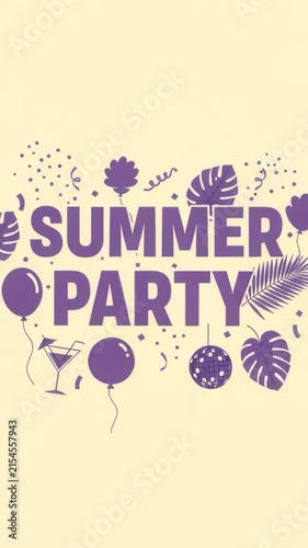 Summer party banner with bold purple lettering and tropical icons on a pale background balloons, disco ball, cocktail glass and leafy decoration