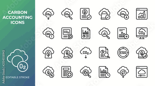 Carbon accounting icons set with editable stroke, environmental sustainability and CO2 footprint tracking vector symbols, ESG reporting and climate change mitigation line art for business