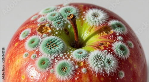Red apple covered with fluffy green mold spots. Close up view shows rotting fruit surface texture with fungal growth. Organic item expired, inedible due to bad bacteria. Unhealthy food waste sits on