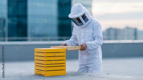 Urban beekeeper inspecting yellow hive box