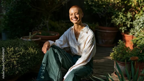 Woman meditating peacefully on wooden steps among potted plants in warm sunlight for wellness background and lifestyle banner design