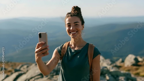 Young woman taking a hiking selfie on a mountain trail with backpack and smartphone for outdoor adventure banner background