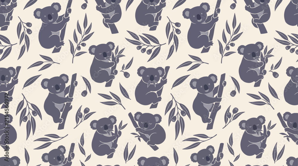 Fototapeta premium Cute koala seamless pattern with eucalyptus leaves, hand drawn australian animal vector background, purple and cream nursery wallpaper design, botanical koala bear textile print