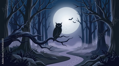 A spooky halloween illustration featuring a mysterious owl perched on a tree branch under a bright full moon night