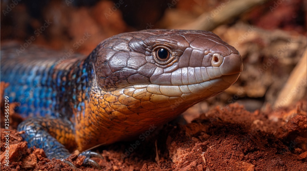 Obraz premium Close-up of a vibrant blue and orange lizard with intricate scaled skin, resting on rich reddish-brown earth, showcasing nature's detailed reptilian beauty.