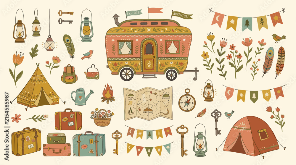Naklejka premium Vintage camping elements with caravan, tents, and travel accessories