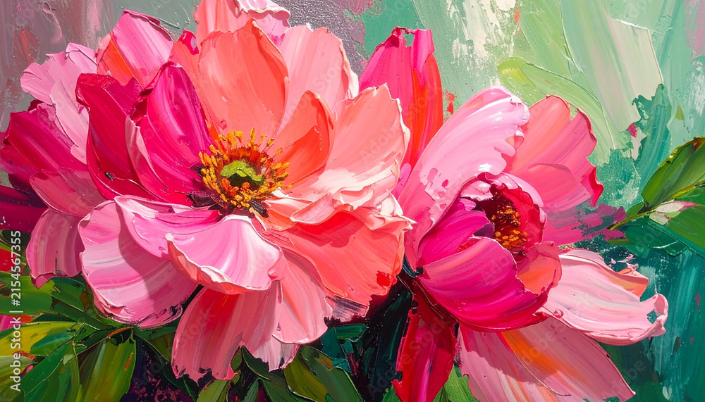 Fototapeta premium Bold abstract floral painting with large pink flowers, thick impasto acrylic and oil paint, dramatic visible brush strokes, rich layered texture, vibrant coral and magenta tones, soft green background