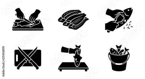 Fish Processing Icons, Seafood Preparation Vector Set, Culinary Workflow Graphics, Food Industry Symbols