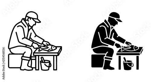 Fisherman Cleaning Fish Vector Icons, Seafood Preparation Line Art & Silhouette