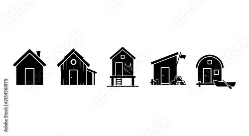 Rustic Cabin Icons, Simple Village Houses, Coastal Beach Shacks, Rural Dwelling Silhouettes, Vector Set