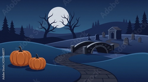 Spooky halloween landscape featuring pumpkins on a path leading to a stone bridge under a bright full moon
