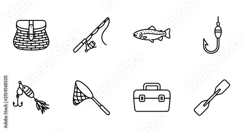 Cuadro en lienzo Fishing Icons Set: Tackle Box, Rod, Reel, Lure, Net, Fish, Paddle, Fly Case