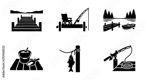 Fishing Dock Icons, Lake Recreation Vector Set, Outdoor Activity Graphics, Summer Leisure Elements