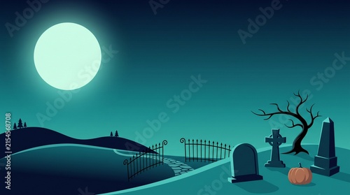 Spooky graveyard scene at night with a large full moon illuminating tombstones and a dead tree